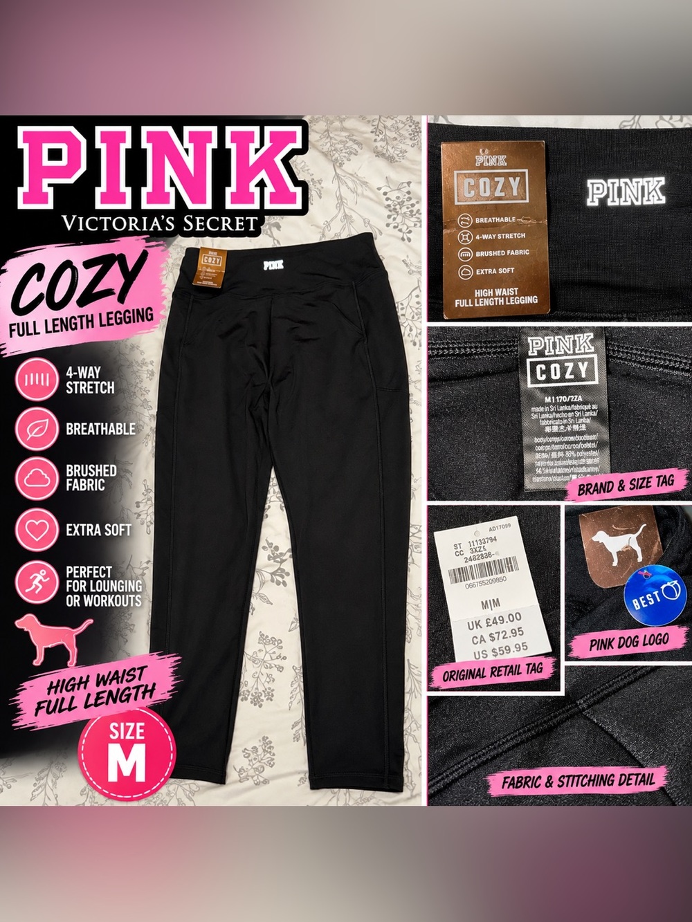 PINK Victoria’s Secret Cozy High Waist Full Length Leggings Black M NWT